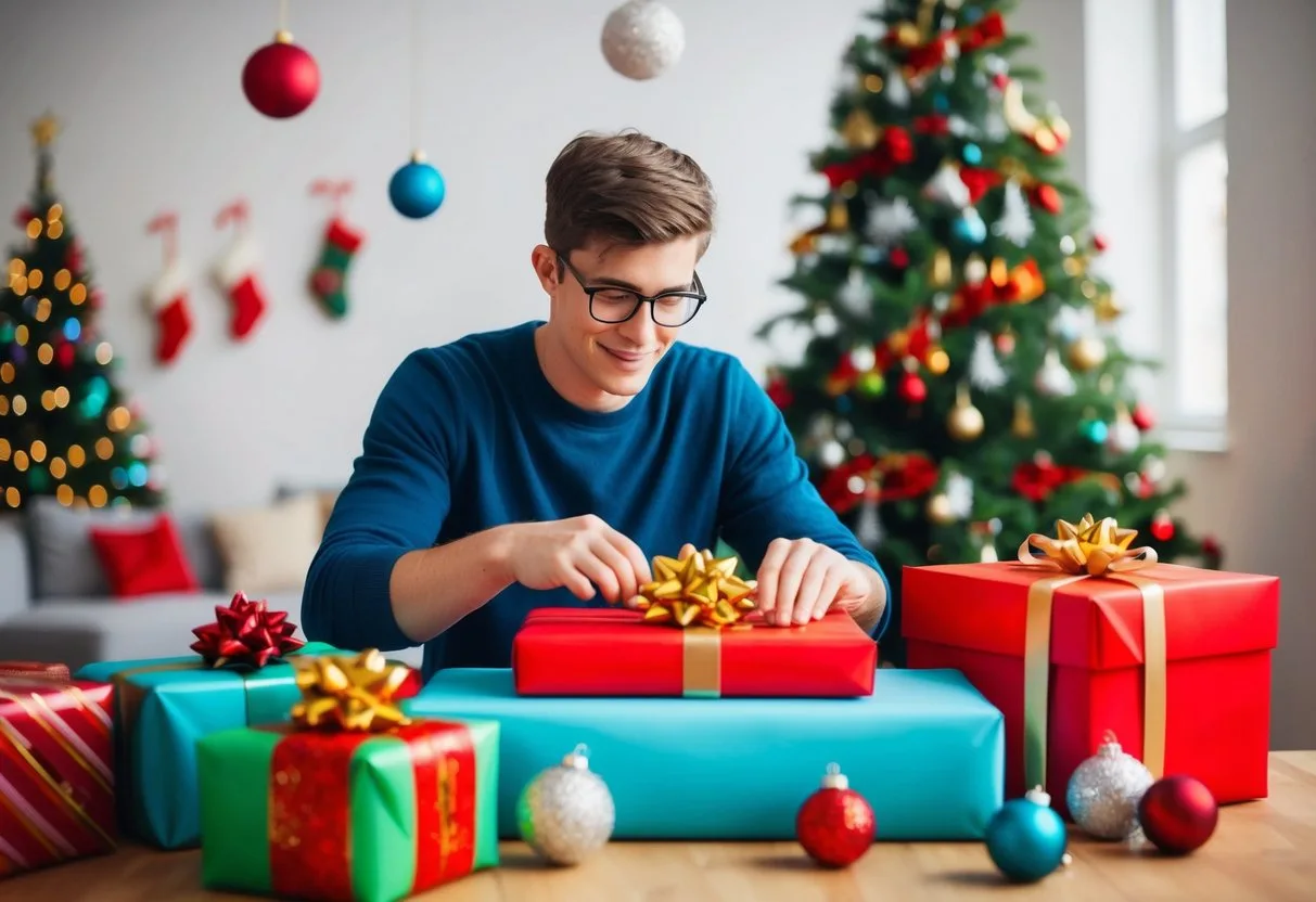 A young man carefully selects a gift for his older brother surrounded by colorful wrapping paper and festive decorations